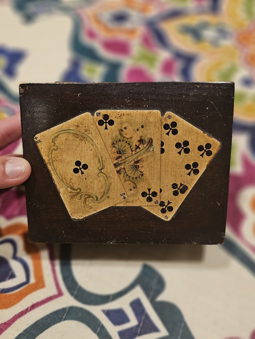 vintage Victorian-era wooden playing card box